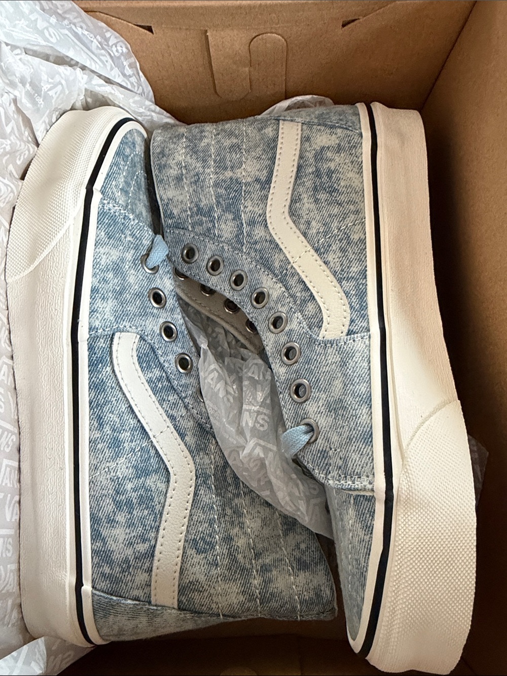 Vans Washed Denim High-Top Sneakers - Light Blue & White